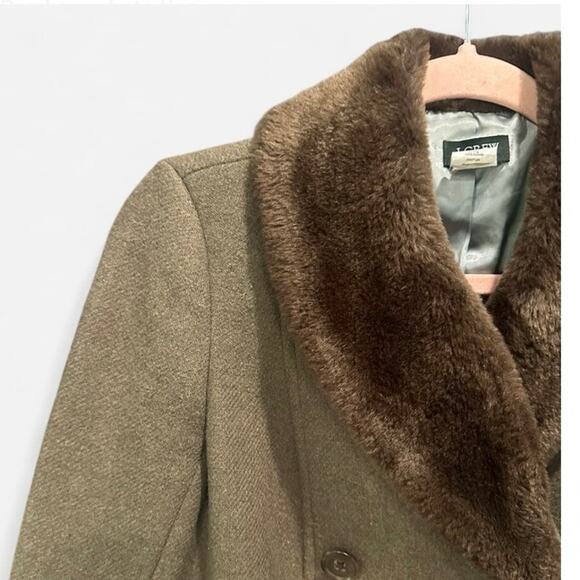 J.Crew Early 2000s Green Wool Tweed Pea Coat Faux Fur Collar Rare Heritage 0 - Picture 6 of 11
